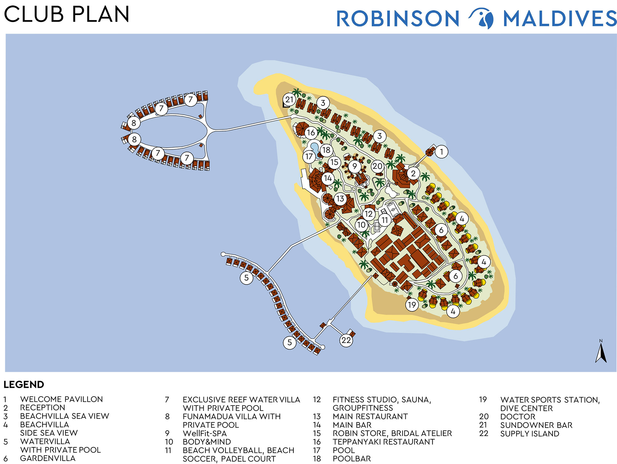 鲁滨逊度假村地图布局 - Robinson Club Maldives Resort Map