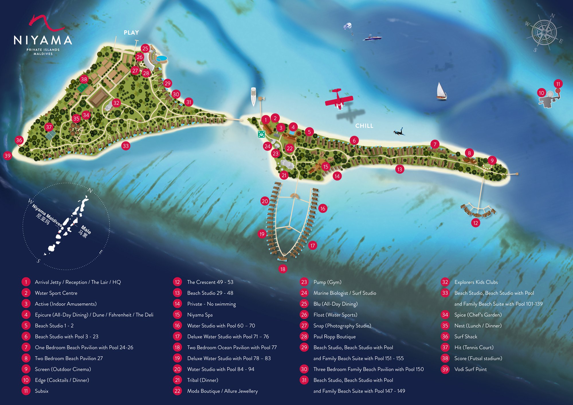 尼亚玛度假村地图布局 - Niyama Private Islands Maldives Resort Map