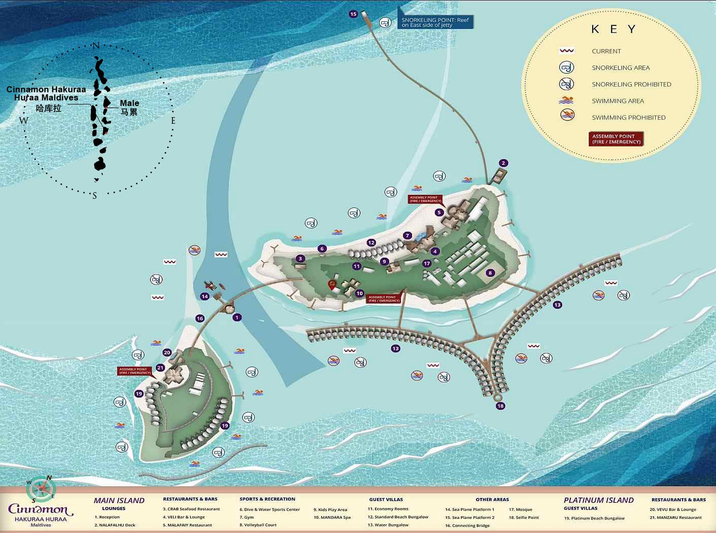 希娜蒙哈库拉度假村地图布局 - Cinnamon Hakuraa Huraa Maldives Resort Map