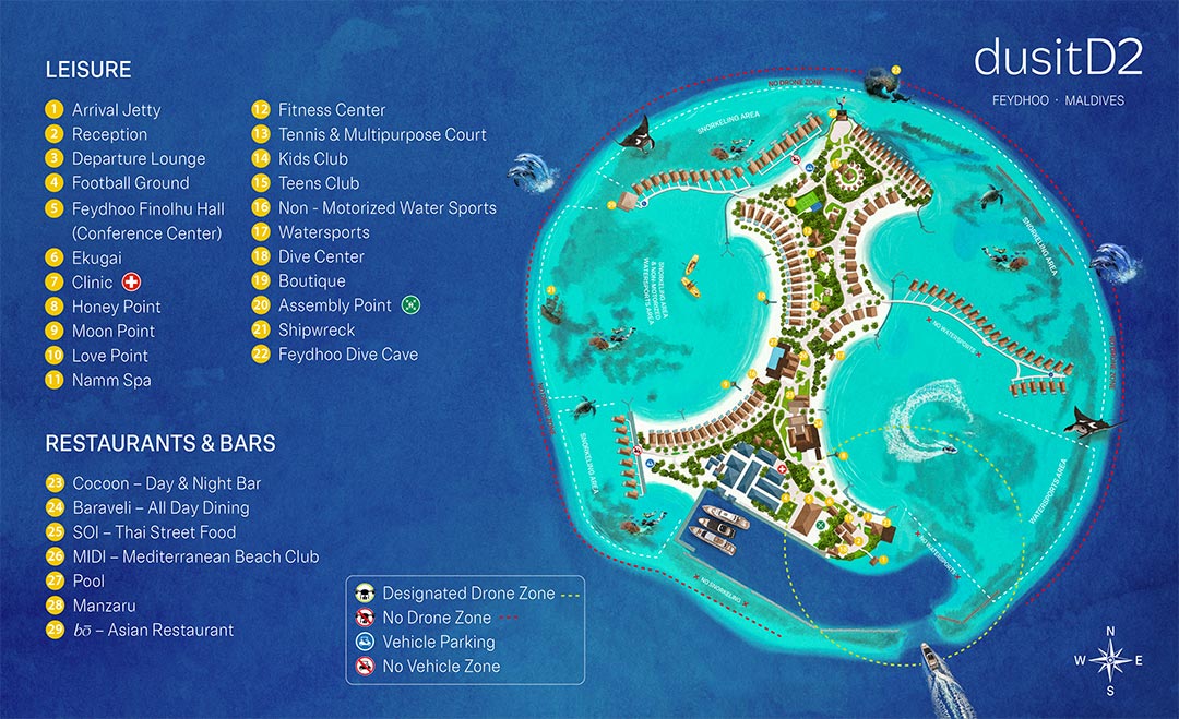费杜岛/都喜D2度假村地图布局 - DusitD2 Feydhoo Maldives Resort Map