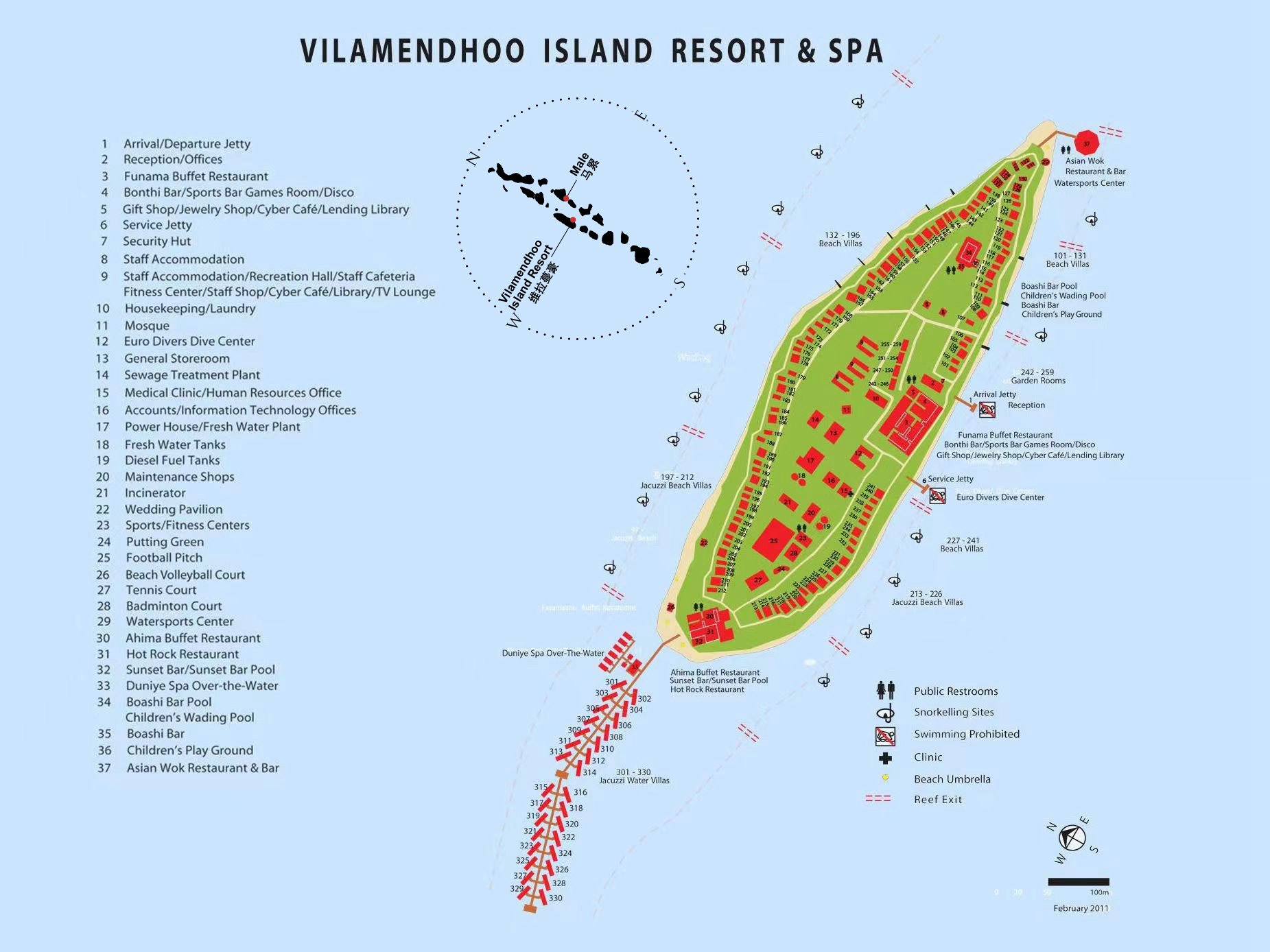 维拉蔓豪度假村地图布局 - Vilamendhoo Island Resort  Resort Map