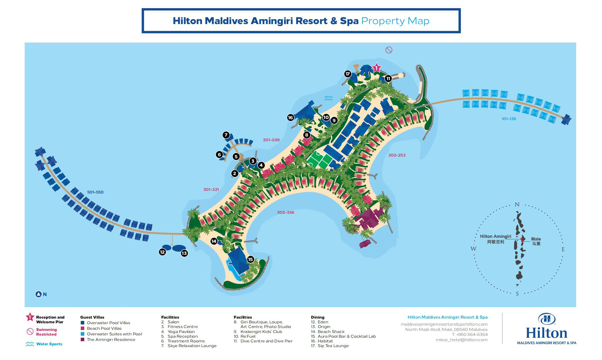 希尔顿阿明吉利度假村地图布局 - Hilton Maldives Amingiri Resort & SPA Resort Map