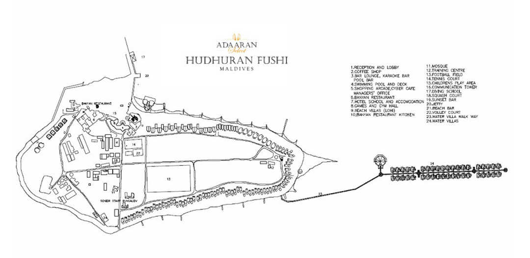 白金岛 度假村地图布局 - Adaraan Hudhuranfushi Resort Map