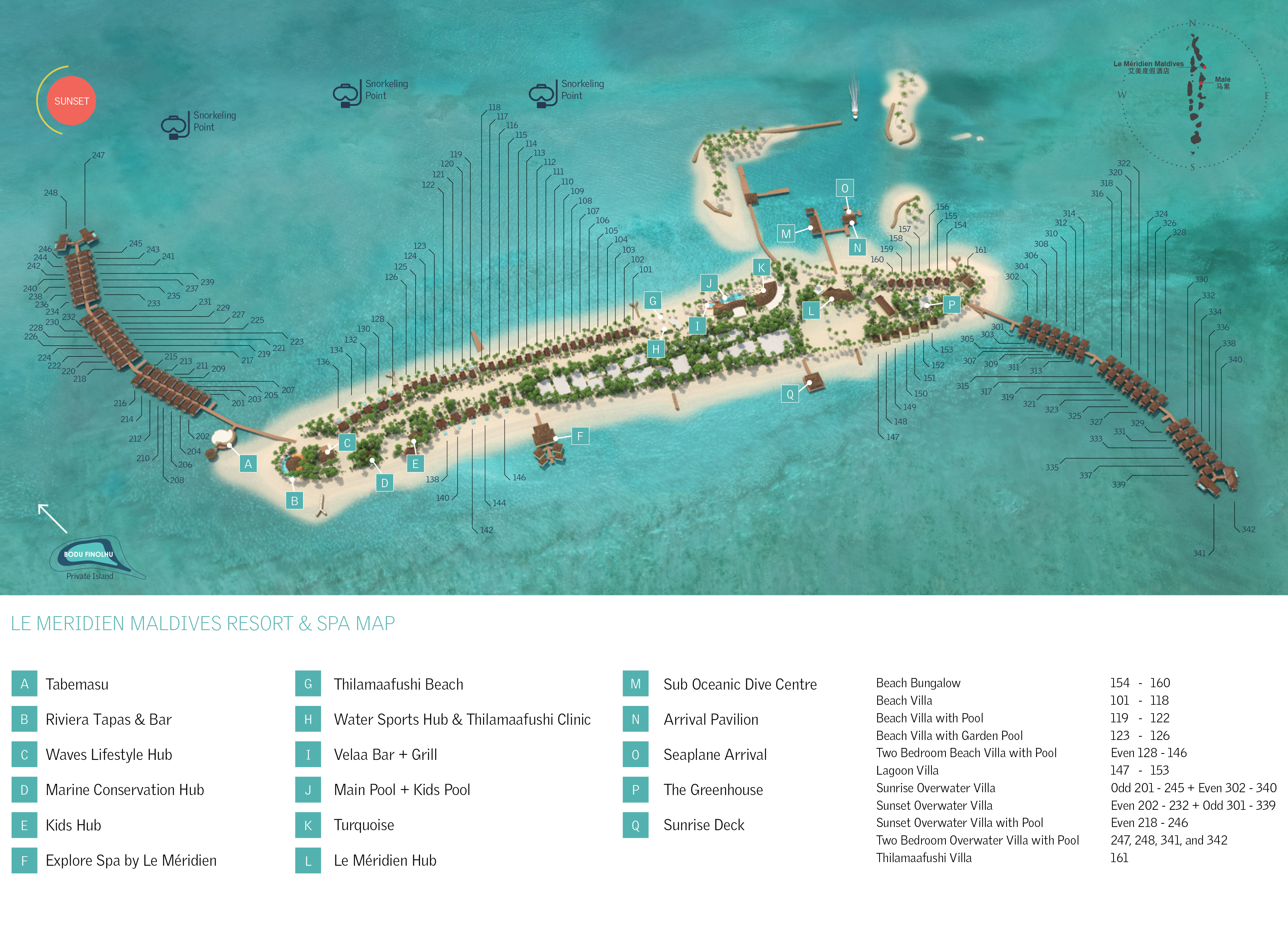 艾美度假村地图布局 - Le Meridien Maldives Resort & Spa Resort Map