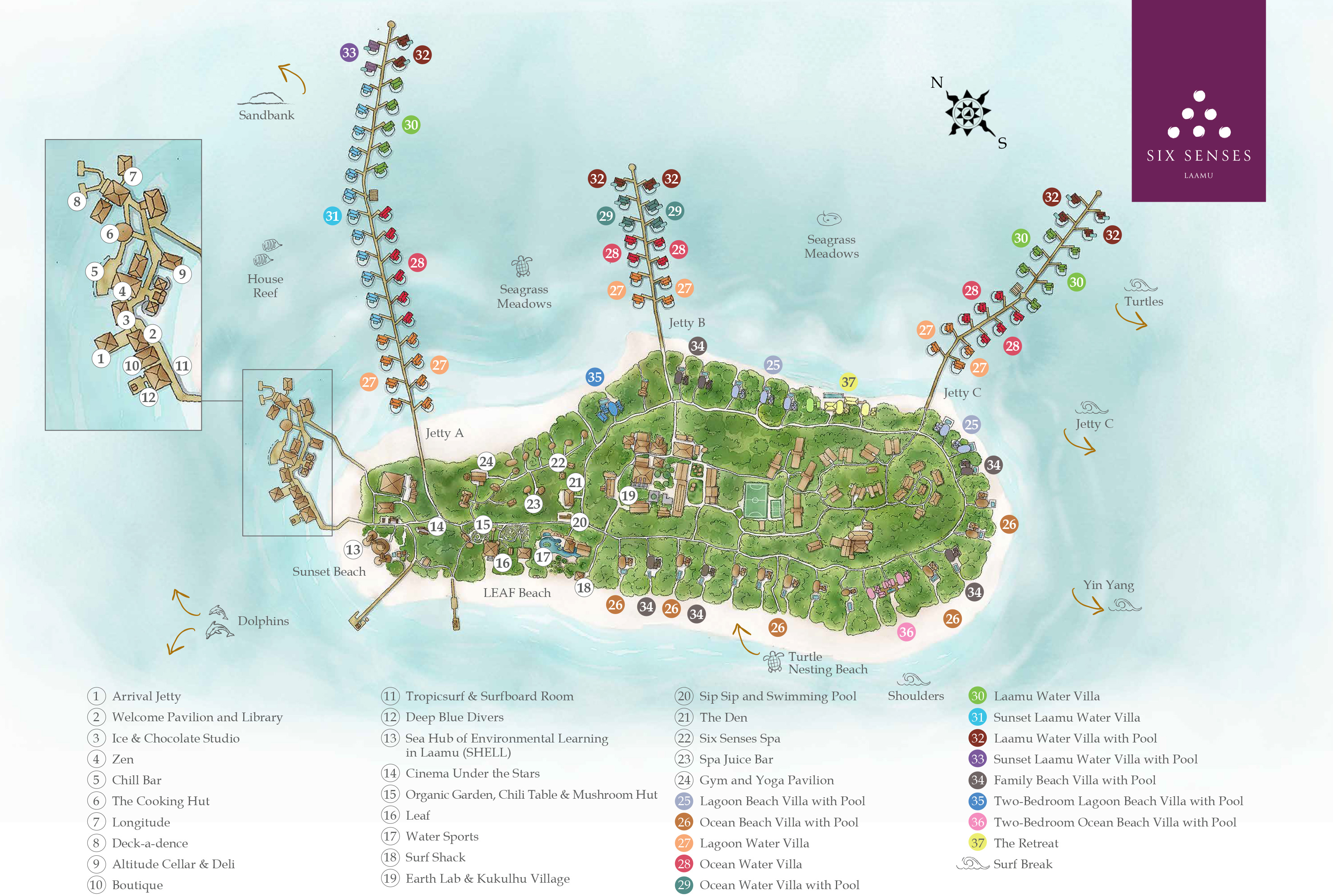 六善拉姆度假村地图布局 - Six Senses Latitude Laamu Resort Map