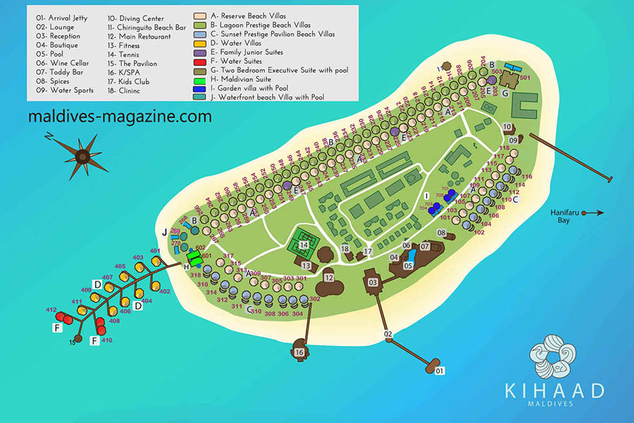 吉哈岛度假村地图布局 - Kihaa Maldives Resort Map