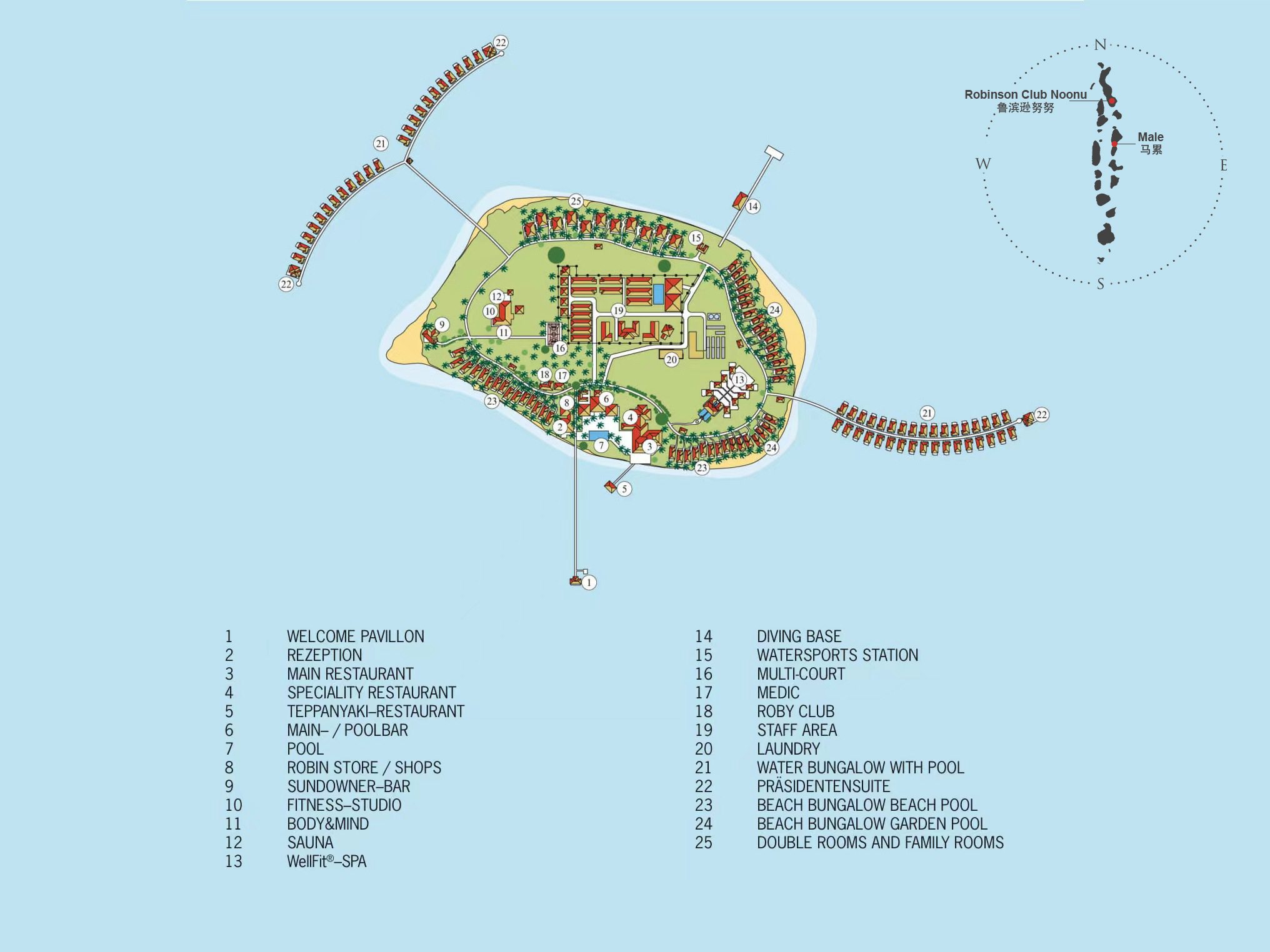 新鲁滨逊努努度假村地图布局 - Robinson Club Noonu Resort Map