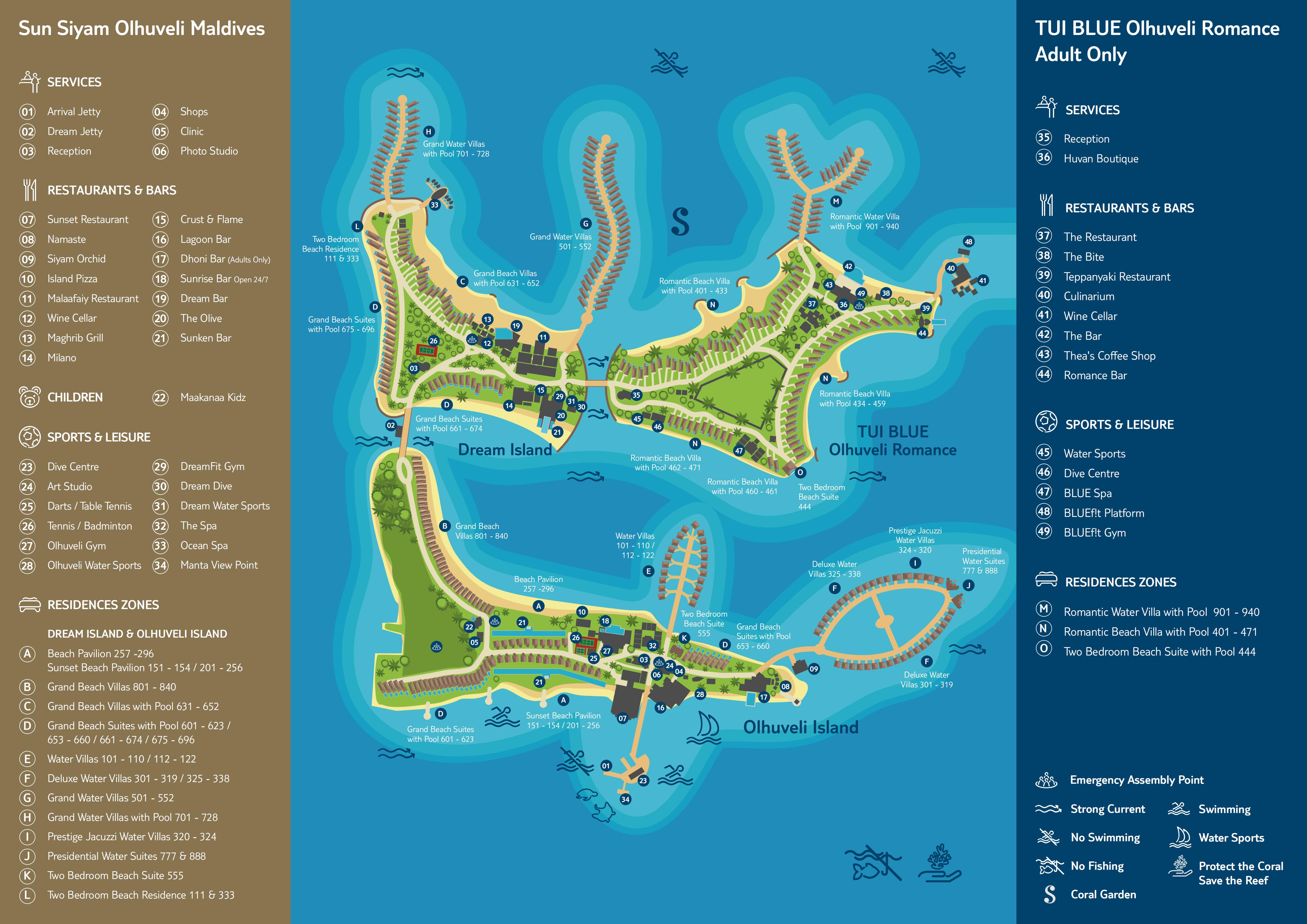 双鱼度假村地图布局 - Sun Siyam Olhuveli Resort Map