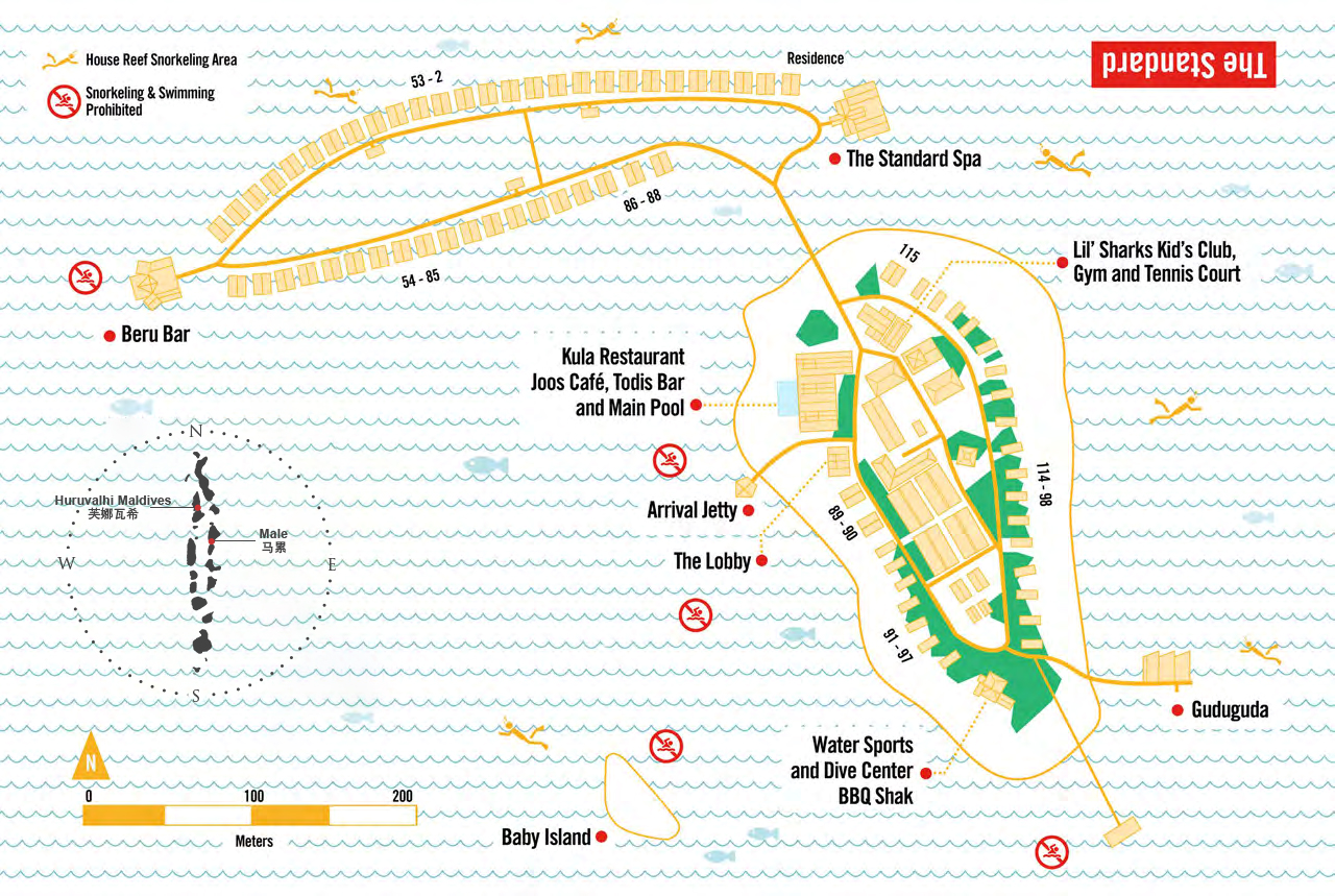 芙拉瓦希度假村地图布局 - The Standard，Huruvalhi Maldives Resort Map