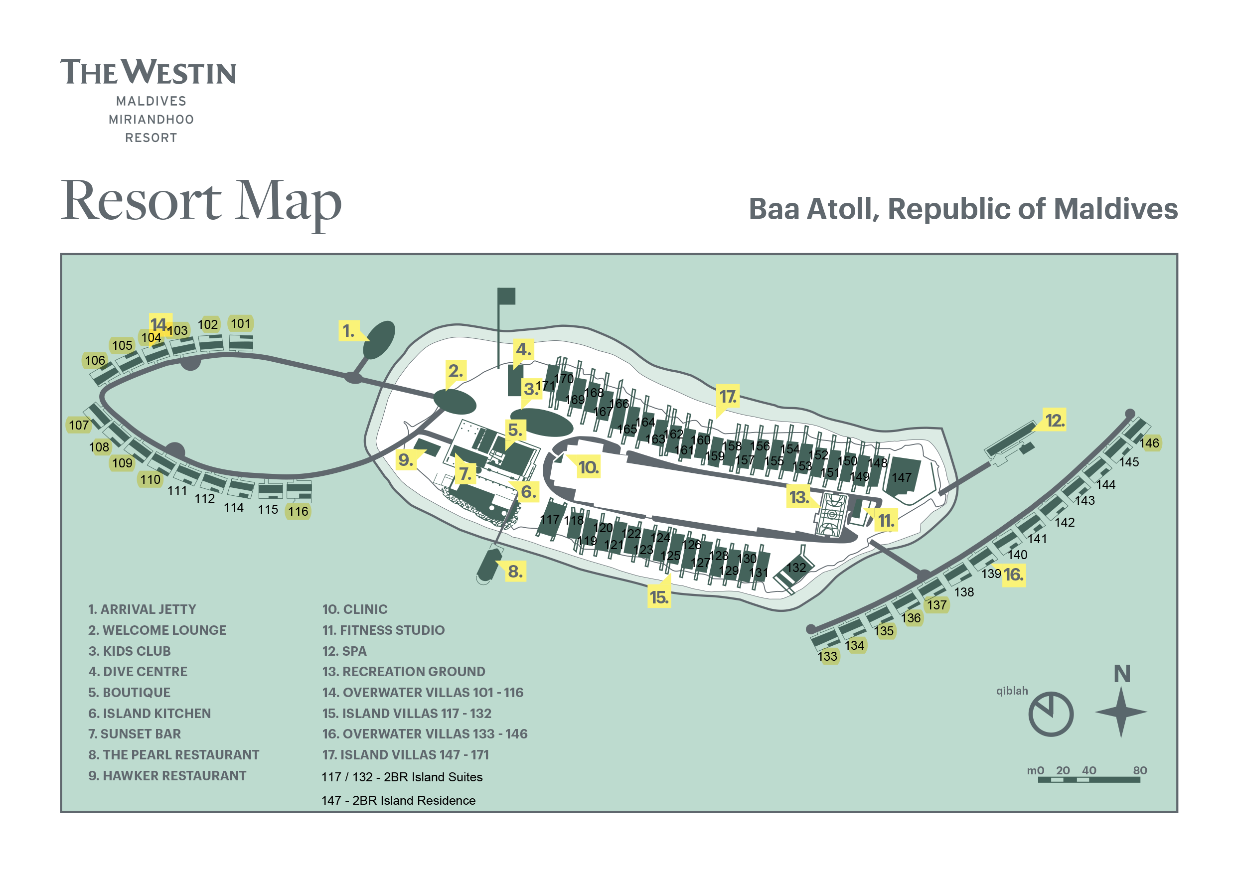 威斯汀度假村地图布局 - The Westin Maldives Miriandhoo Resort Resort Map