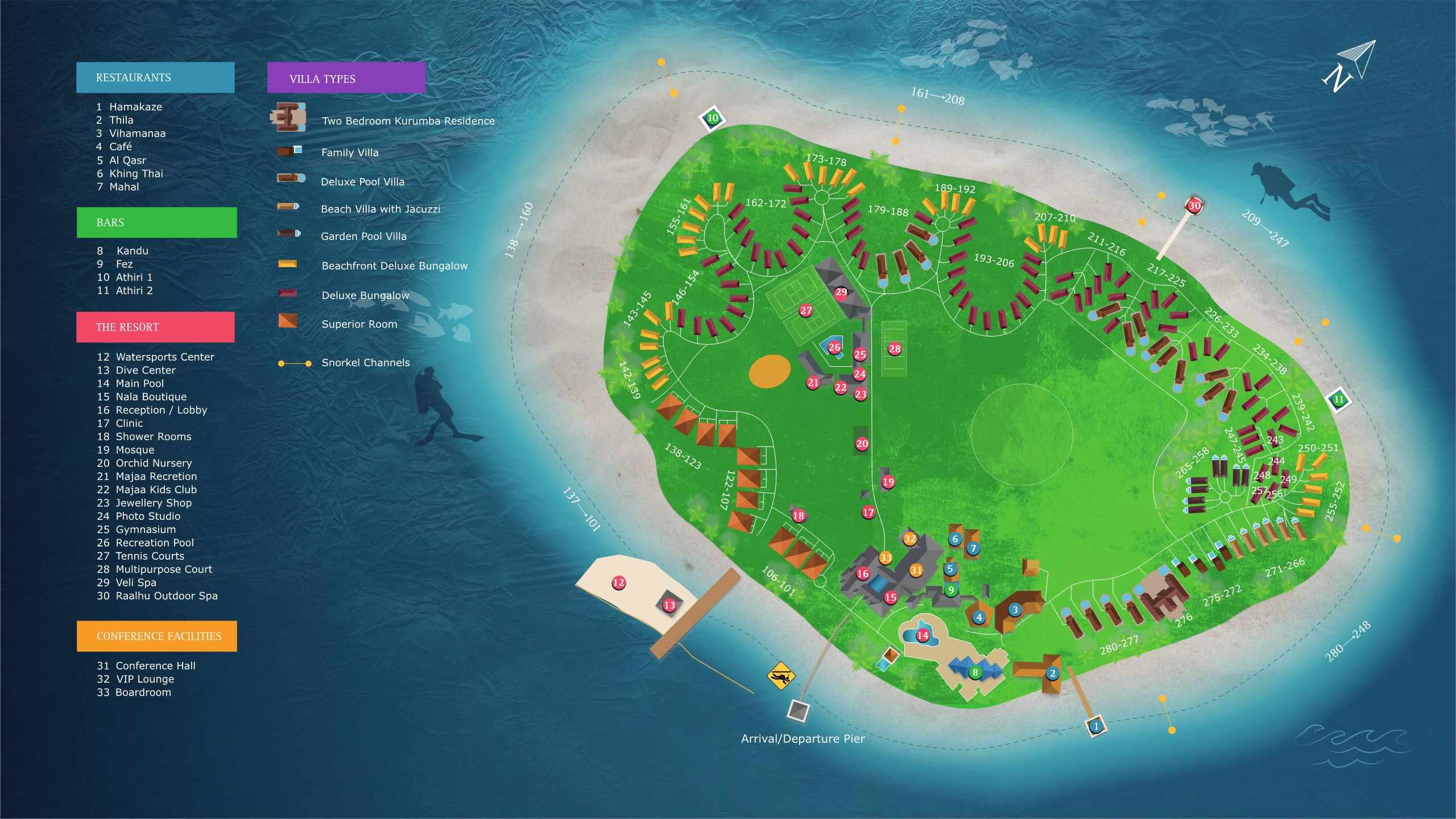 椰子岛度假村地图布局 - Kurumba Maldives Resort Map