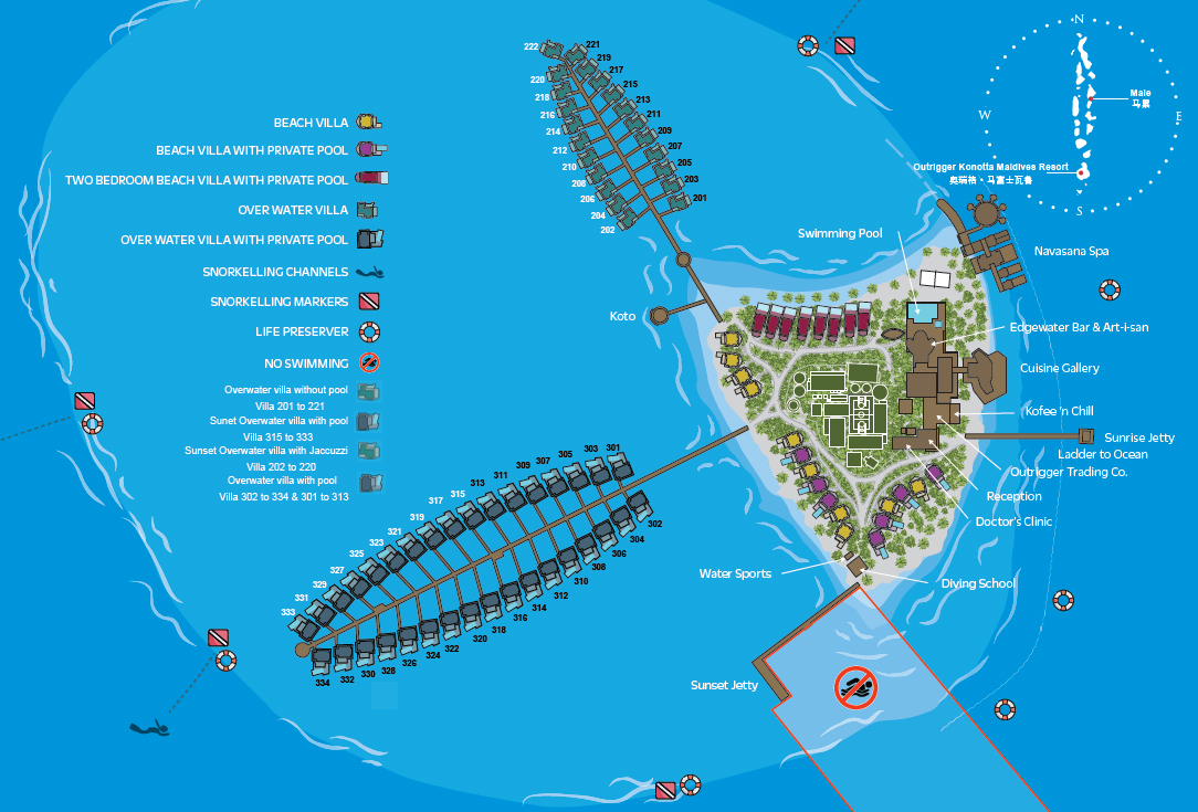 奥瑞格马富士瓦鲁度假村地图布局 - Outrigger Maldives Maafushivaru Resort Resort Map