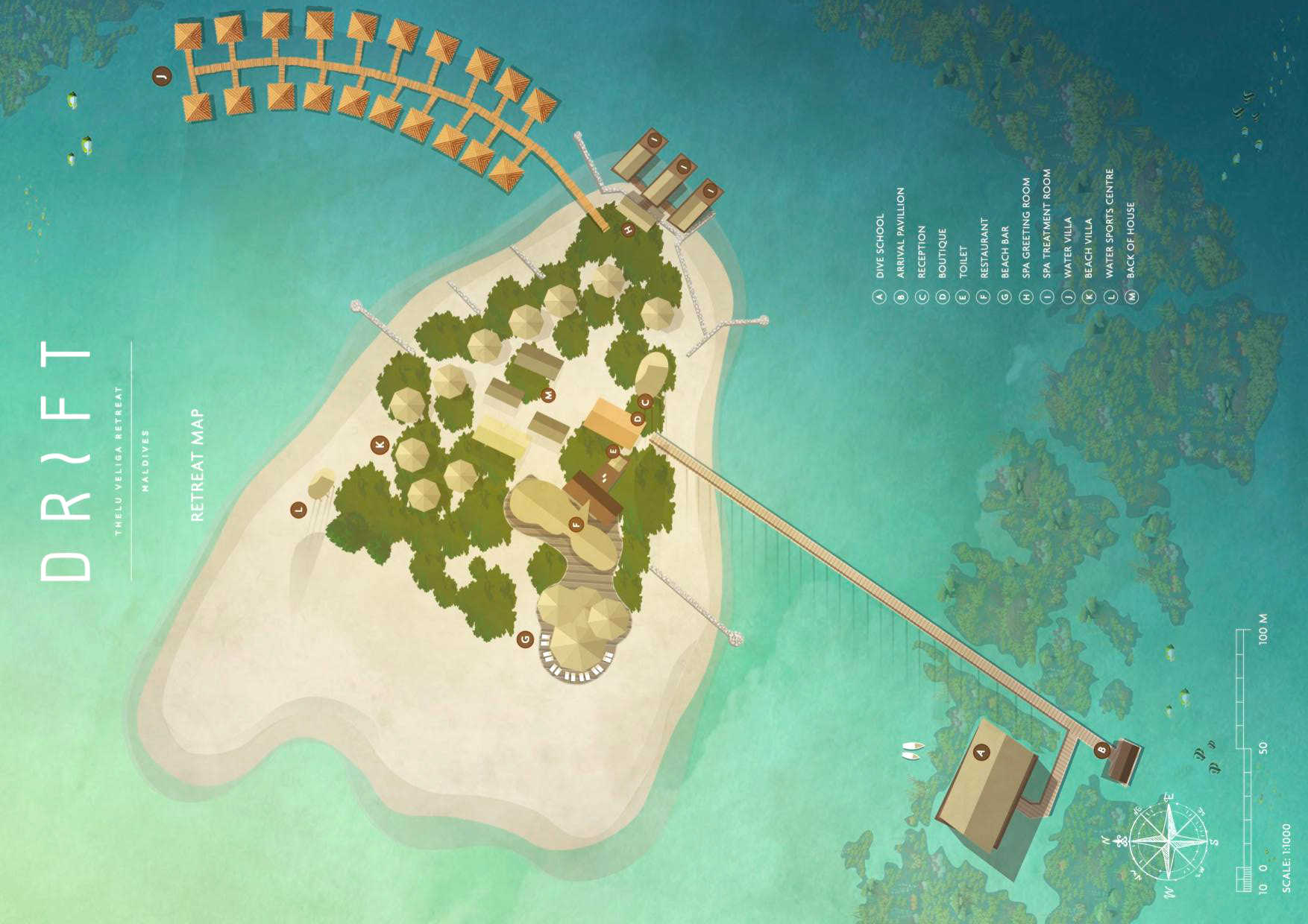 隐居岛度假村地图布局 - Drift Thelu Veliga Retreat Maldives Resort Map