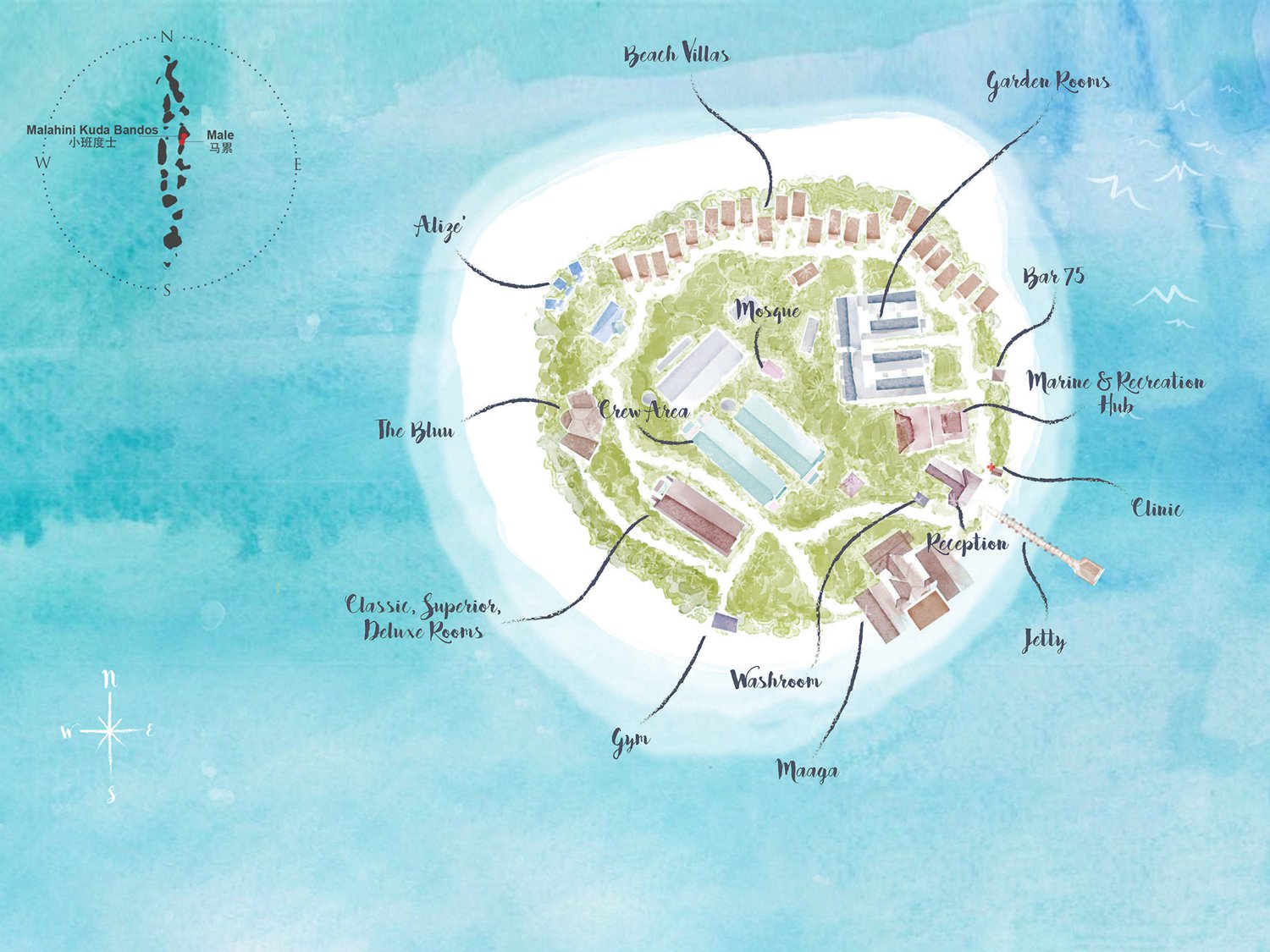 小班度士度假村地图布局 - Malahini Kuda Bandos Resort Map