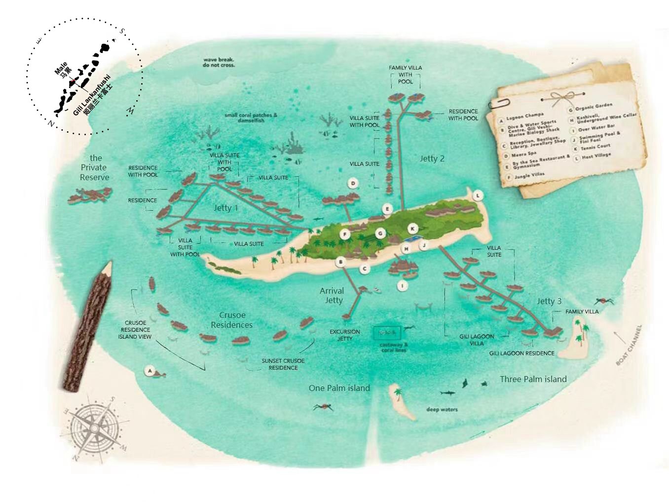姬丽兰卡富士度假村地图布局 - Gili Lankanfushi Maldives Resort Map