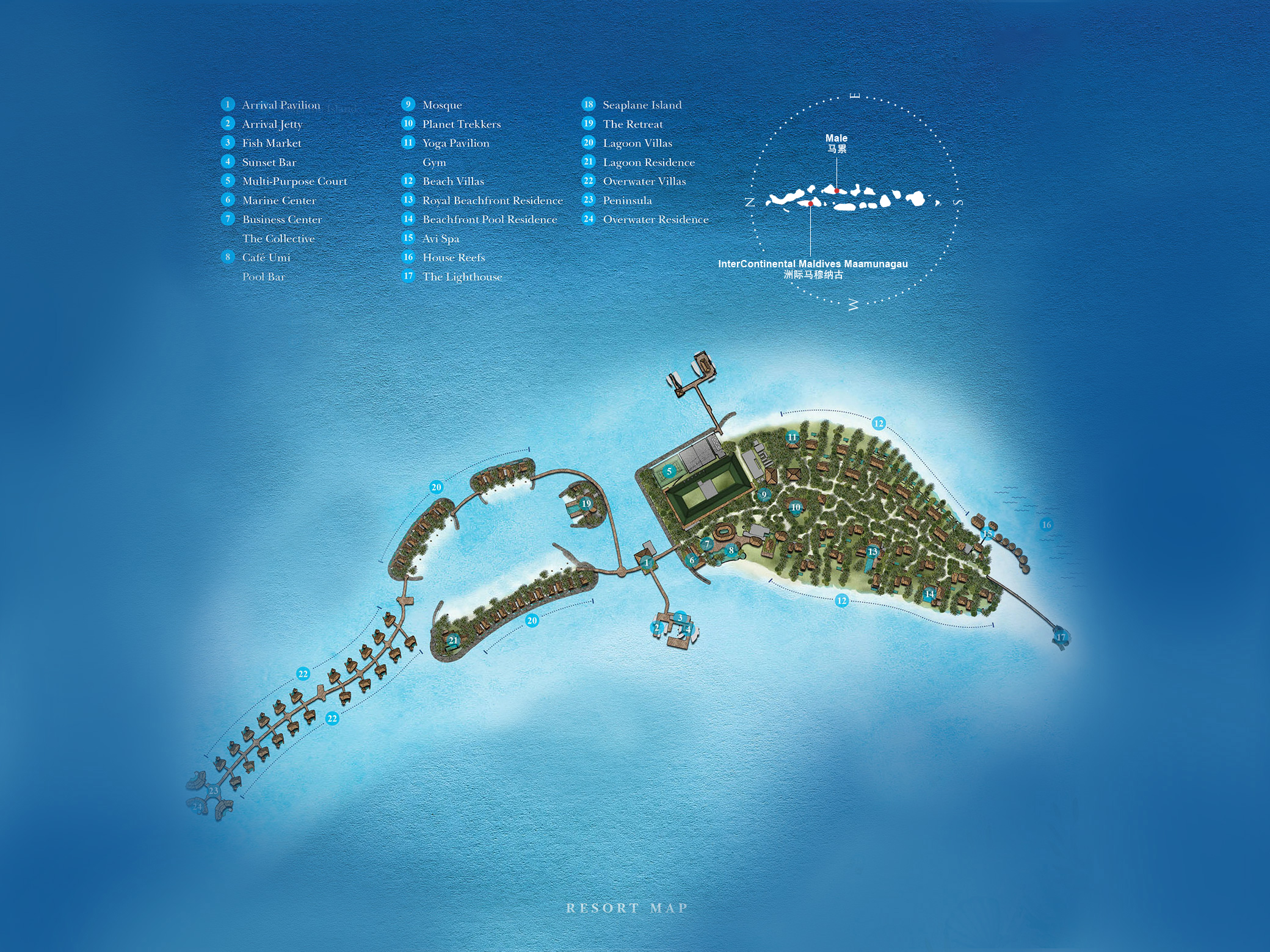 洲际度假村地图布局 - InterContinental Maldives Maamunagau Resort Map