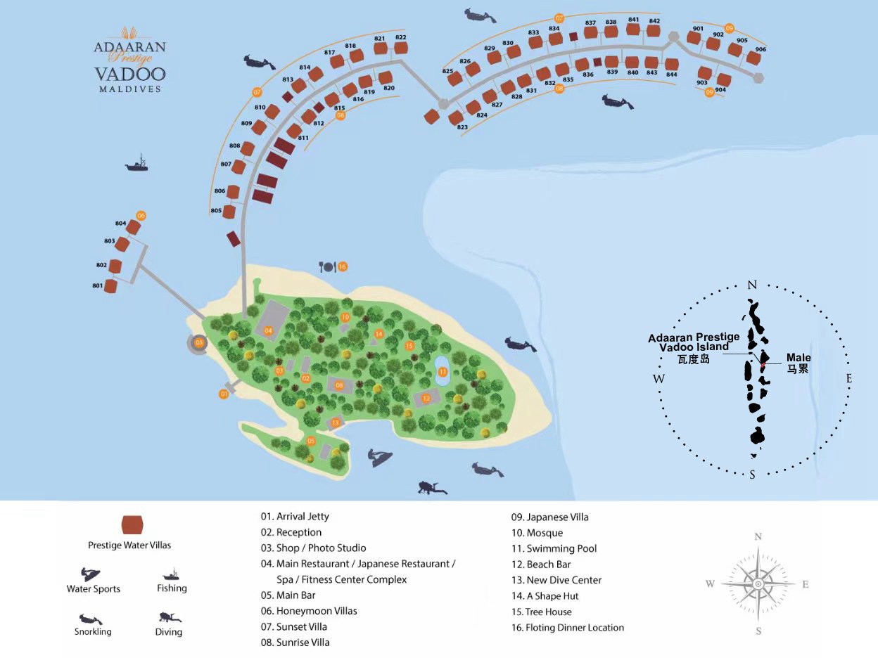 瓦度度假村地图布局 - Adaaran Prestige Vadoo lsland Resort Resort Map