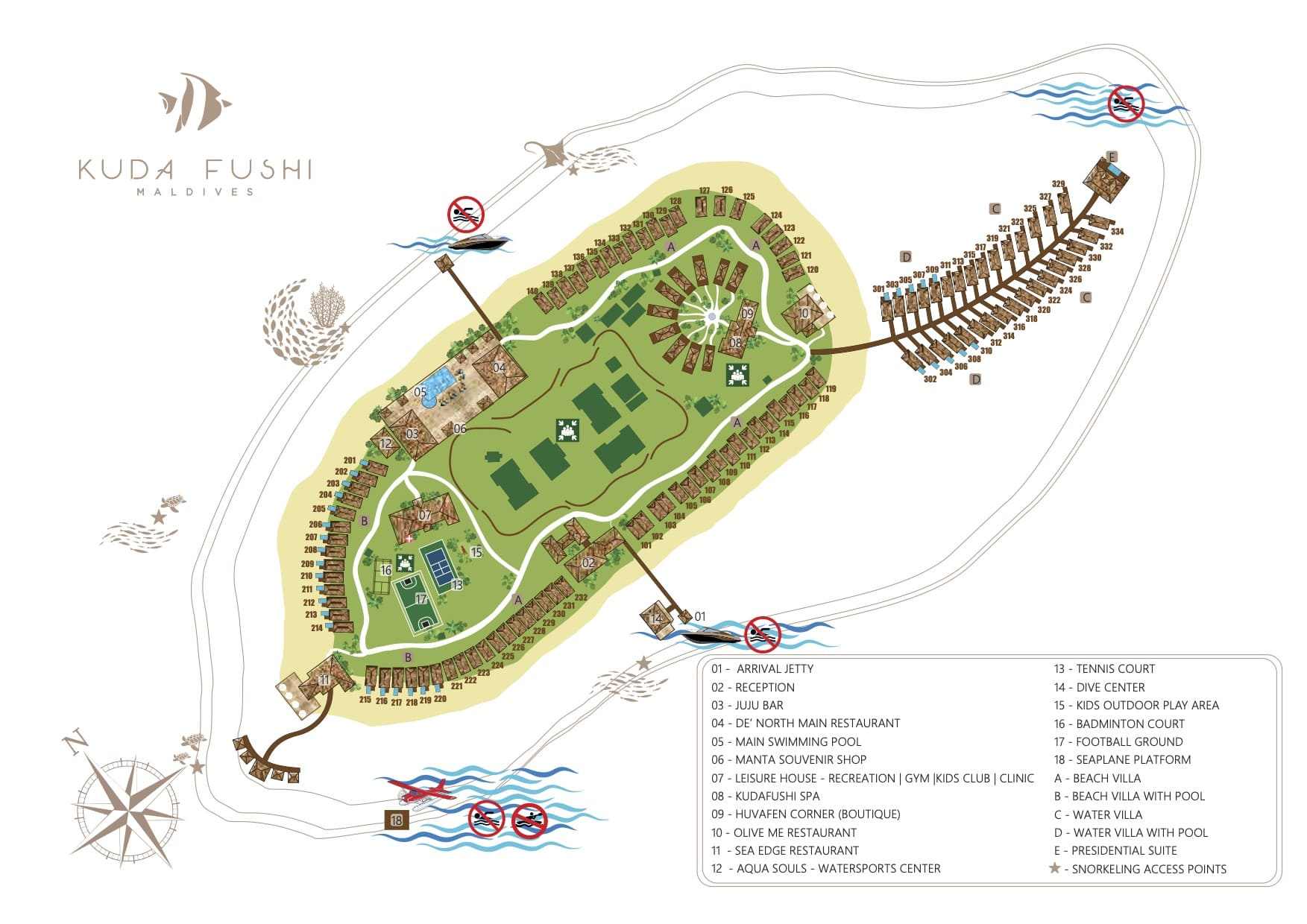 库达富士度假村地图布局 - Kudafushi Resort & Spa Resort Map