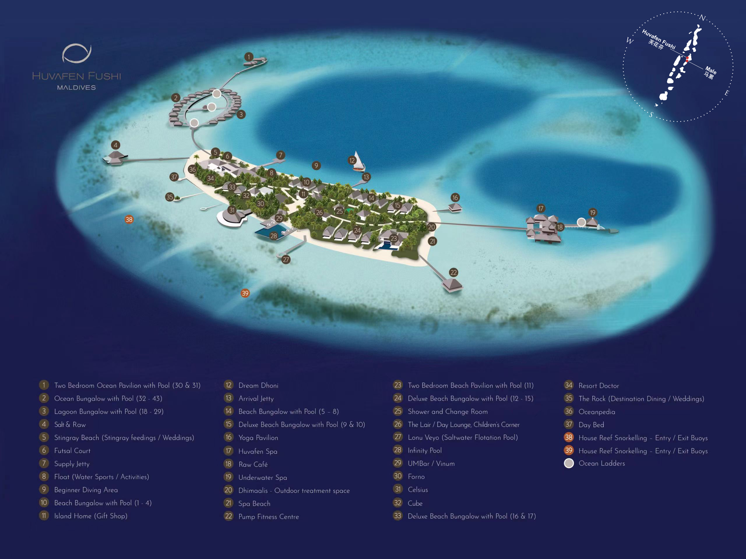 芙花芬度假村地图布局 -  Huvafen Fushi Spa Resort Maldives Resort Map