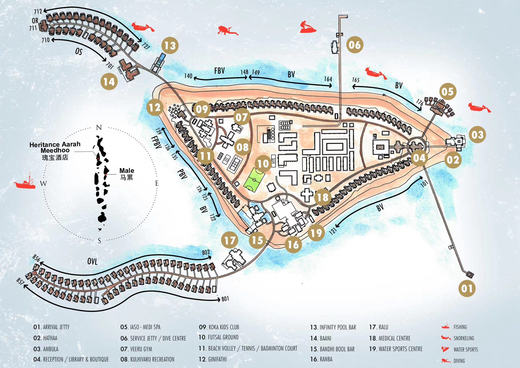 瑰宝度假村地图布局 - Heritance Aarah Maldives Luxury Resort Resort Map