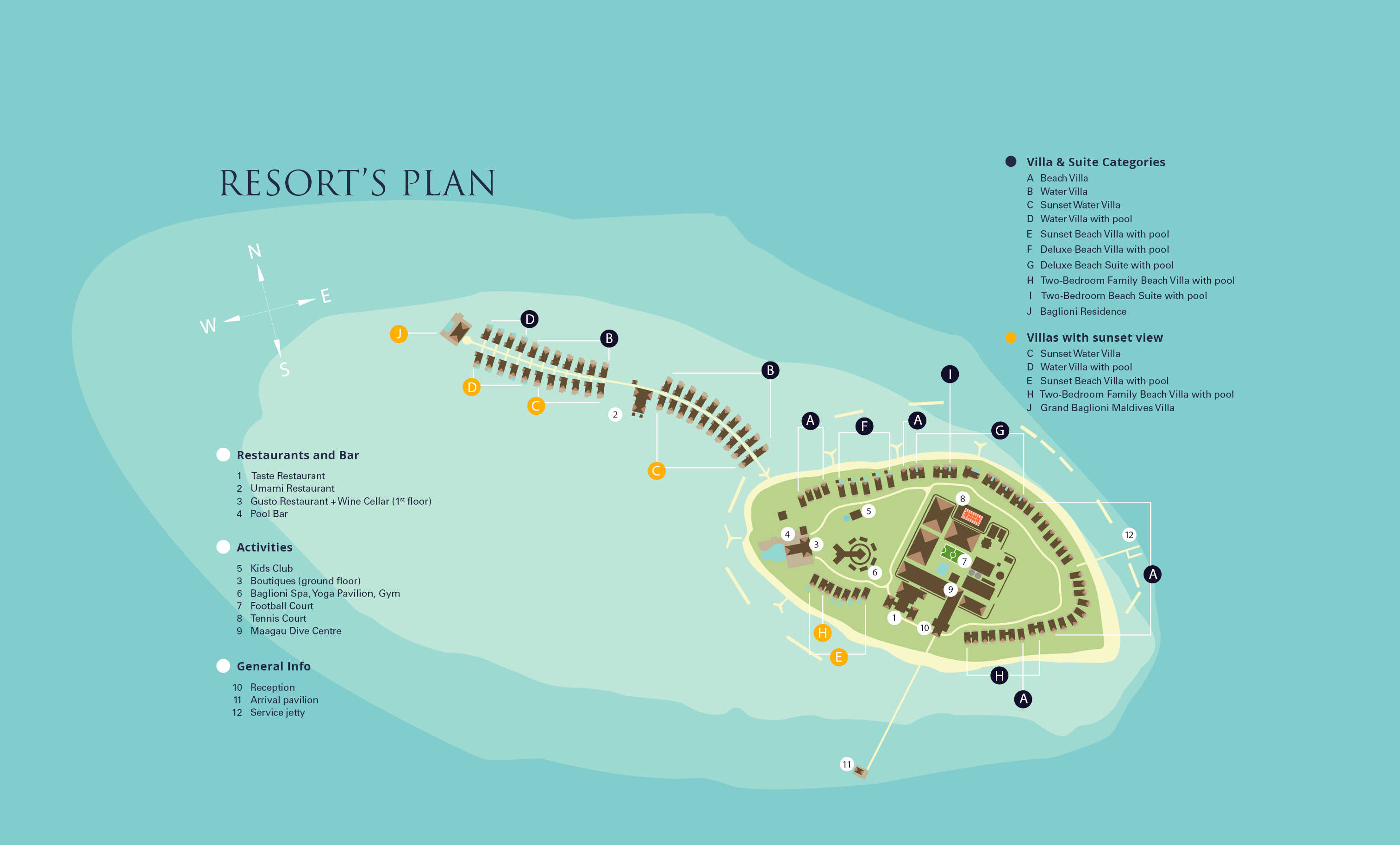 巴廖尼度假村地图布局 - Baglioni Resort Maldives Resort Map