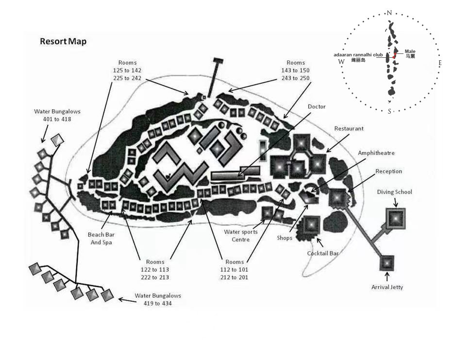 绚丽度假村地图布局 - Adaaran Club Rannalhi    Resort Map