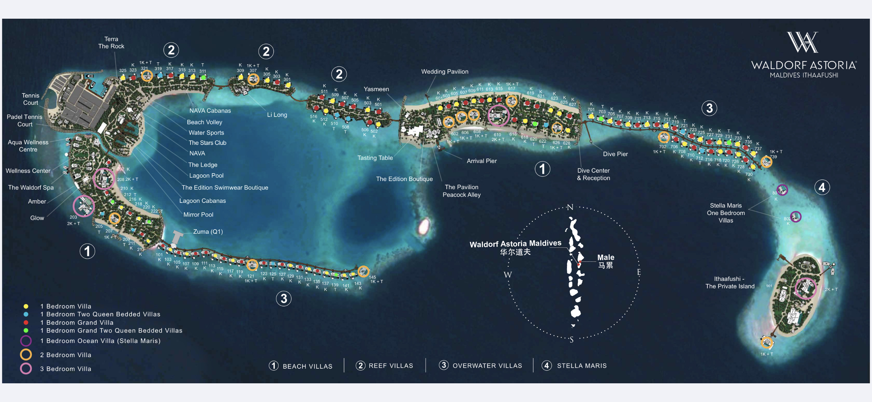 华尔道夫度假村地图布局 - Waldorf Astoria Maldives Ithaafushi  Resort Map